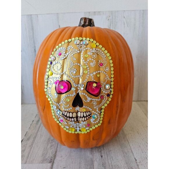 Gold sugar skull pumpkin beaded jack-o'-lantern unique prop Halloween deco - Picture 1 of 8